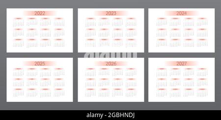 calendario 2022 2023 2024 2025 2026 2027 in stile minimalista con elementi sfumati arancioni. La settimana inizia la domenica. Illustrazione Vettoriale