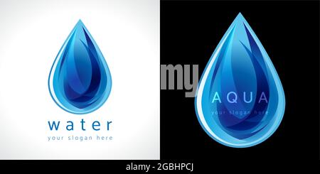 Goccia d'acqua, concetto di logotipo. Modello grafico astratto isolato. Bunch di gocce di acqua creativa di colore blu. Branding sanitario aziendale i Illustrazione Vettoriale