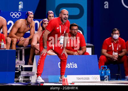 TOKYO, GIAPPONE - 4 AGOSTO: Allenatore principale Ivica Tucak della Croazia durante il torneo olimpico di Waterpolo di Tokyo 2020 Men Quarterfinal match tra la squadra Ungheria e la squadra Croazia al Tatsumi Waterpolo Center il 4 agosto 2021 a Tokyo, Giappone (Foto di Marcel ter Bals/Orange Pictures) Foto Stock