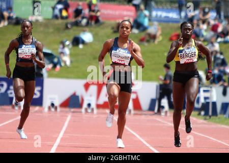 ZEFFOU POATY Maud , OMBISSA-DZANGUE Orlann e BERGER Eva Séries 100 m Donne durante i campionati francesi di atletica 2021 il 25 giugno 2021 allo stadio Josette et Roger Mikulak ad Angers, Francia - Foto Laurent Lairys / DPPI Foto Stock