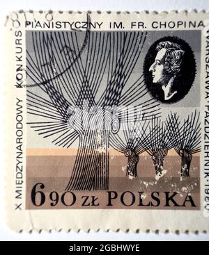 Un francobollo stampato in Polonia mostra il compositore polacco Fryderyk Chopin (1810-1849), dedicato all'International Chopin piano Playing Competition i Foto Stock