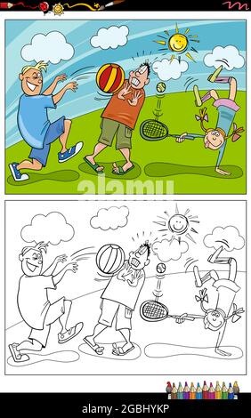 Illustrazione di fumetti dei bambini che giocano nella pagina del libro da colorare del parco Illustrazione Vettoriale