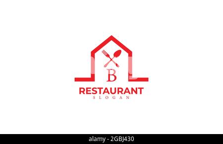 Modello del logo del vettore monogramma del ristorante dell'alfabeto B, logo del cibo della lettera B con icona a cucchiaio e a forchetta Illustrazione Vettoriale