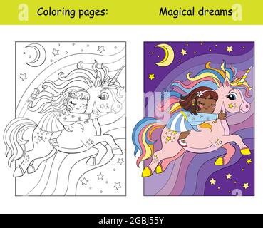 Cute ragazza dorme sul retro di un volo unicorn.coloring pagina del libro per i bambini con modello colorato. Illustrazione isolata di cartoni animati vettoriali. Per colorina Illustrazione Vettoriale