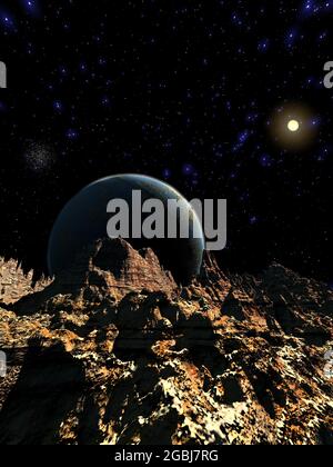 Illustrazione 3D artistica di una scena cosmica Foto Stock