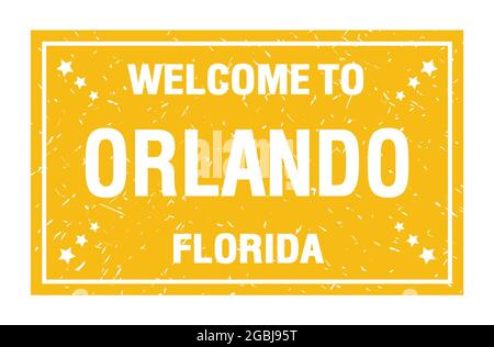 BENVENUTI A ORLANDO - FLORIDA, parole scritte sul timbro con bandiera rettangolare gialla Foto Stock