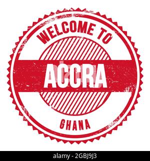 BENVENUTI AD ACCRA - GHANA, parole scritte sul francobollo zig-zag rosso Foto Stock