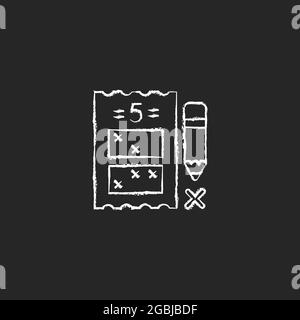 Cinque cifre lotteria gioco gesso bianco icona su sfondo scuro. Scelta di cinque numeri per la combinazione. Struttura fissa del premio. Selezione di numeri casuali. ISO Illustrazione Vettoriale