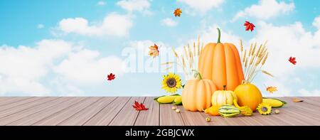 Autunno sfondo stagionale con foglie rosse cadenti e decorazioni caduta su tavola di legno 3d rendering illustrazione 3d Foto Stock