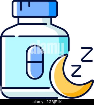 Pillole per insonnia RGB colore icona. Farmaci per dormire. Maneggiando sonnoleggiando, terrori notturni. Trattare l'insonnia. Migliorare il ciclo di sospensione-riattivazione. Isolat Illustrazione Vettoriale