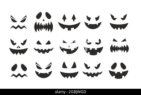 Ottobre party spaventoso nero clipart collezione, pooky zucche espressione facciale, sorridente fantasma faccia su Halloween partito isolato su bianco. Halloween Illustrazione Vettoriale