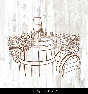 Vetro di vite e uva su sfondo vintage. Schizzo vettoriale disegnato a mano. Illustrazione Vettoriale