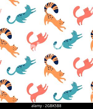 Texture di gattini vettoriali. Stampe divertenti con animali per tessuti, t-shirt, poster. Modello senza cuciture con gatti, disegnati a mano. Simpatici volti, baffi, zampe, strisce su sfondo bianco Illustrazione Vettoriale