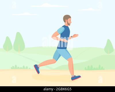 Uomo che corre all'aperto in estate, jogging nel parco. Fare esercizio e cardio allenamento fuori. Vettore piatto Illustrazione Vettoriale