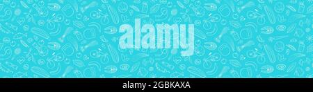 Stile di vita sano modello senza soluzione di continuità. Bordo orizzontale con doodles disegnati a mano su sfondo blu. Illustrazione vettoriale. Illustrazione Vettoriale