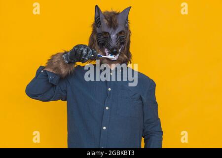 Su uno sfondo giallo è un mannaro vestito con una camicia blu che gli spazzolava i denti con uno spazzolino blu e bianco. Foto Stock