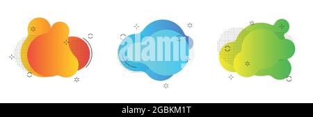 Set di blob fluidi isolati blu e rosso, punti liquidi verdi e violetti in gradiente. Illustrazione Vettoriale