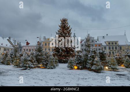 TALLINN, ESTONIA - 04 GENNAIO 2021: Vista delle strade della città vecchia in inverno Moody giorno Foto Stock