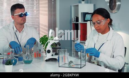 Ricerca nera femminile scienziato fare esperimento con criceto in moderno laboratorio di chimica utilizzando pipetta per far cadere del liquido al contenitore. Foto Stock