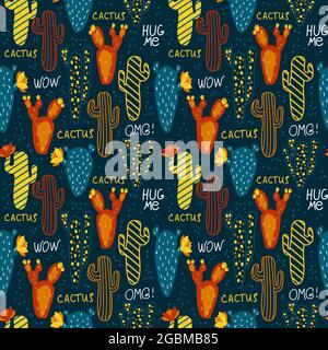 Pattern vettoriale senza giunture con cactus. Cactus creativo disegnato a mano su sfondo scuro. Illustrazione Vettoriale