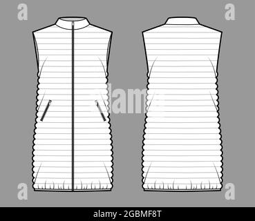 Gilet piumino gilet gilet illustrazione tecnica moda con colletto stativo, chiusura zip-up, tasche, lunghezza coscia, trapuntatura stretta. Frontale piatto, posteriore, colore bianco. Donne, uomini top mockup CAD Illustrazione Vettoriale