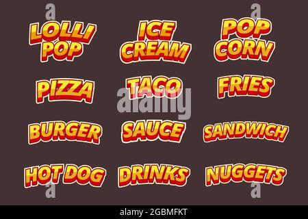 Caratteri dei nomi dei piatti per il fast food in stile comico. Illustrazione vettoriale. Illustrazione Vettoriale