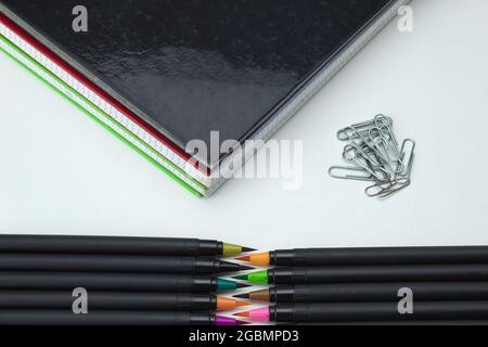 primo piano di un set di strumenti scolastici con penne colorate, clip e quaderni su sfondo bianco Foto Stock