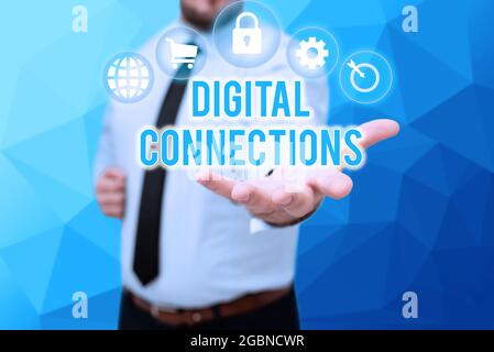 Segnale che visualizza le connessioni digitali. Business concept il modo online di esplorare e costruire relazioni Gentelman uniforme Standing Holding nuovo Foto Stock