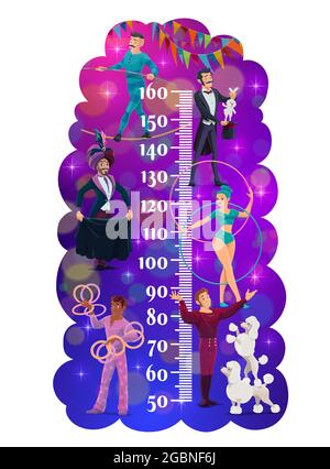 Tabella altezza bambini. Shapito circus artisti. Misuratore di crescita bambino con mago circo, addestratore animale e tightrope performer a piedi, giocoliere, acroba Illustrazione Vettoriale