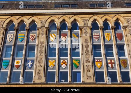 Inghilterra, Hampshire, Winchester, Guildhall, finestra con stemmi Foto Stock
