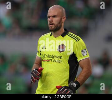 4 agosto 2021: Houston Dynamo portiere Marko Maric (1) durante una grande partita di calcio tra Austin FC e Houston Dynamo il 4 agosto 2021 ad Austin, Texas. Austin ha vinto 3-2. (Credit Image: © Scott Coleman/ZUMA Press Wire) Foto Stock