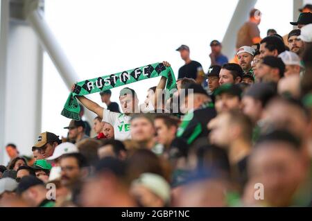 04 agosto 2021: I tifosi del Austin FC in azione durante la partita MLS contro la Houston Dynamo al Q2 Stadium. Austin, Texas. Mario Cantu/CSM Foto Stock