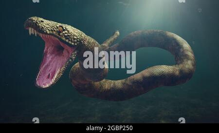 Titanoboa cerrejonensis in acqua, il serpente più lungo che abbia mai vissuto (3D Science rendering) Foto Stock