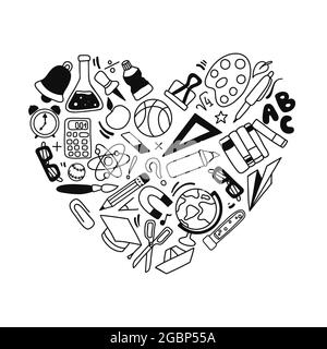 Set con oggetti da scuola disegnati a mano in stile grafico. Elementi di progettazione. Forniture per lo studio della forma del cuore. Illustrazione vettoriale in bianco e nero. Illustrazione Vettoriale