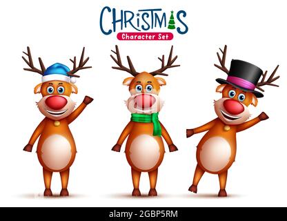 Set vettoriale di natale renna. i personaggi delle renne di babbo natale in 3d con espressioni facciali carine e folli che indossano cappello e sciarpa per la collezione di natale. Illustrazione Vettoriale