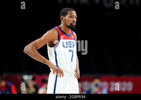 Tokyo, Giappone, 5 agosto 2021. Kevin Durant del Team United States si presenta durante la semifinale maschile di basket tra USA e Australia il giorno 13 dei Giochi Olimpici di Tokyo 2020. Credit: Pete Dovgan/Speed Media/Alamy Live News Foto Stock