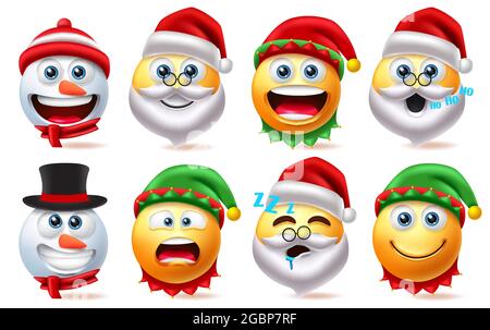 Set vettoriale di personaggi sorridenti natalizi. Elemento personaggio di Smileys xmas come babbo natale, uomo di neve ed elfo isolato su sfondo bianco per avatar carino. Illustrazione Vettoriale