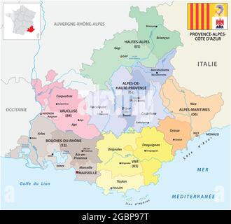 Mappa amministrativa vettoriale della regione francese Provenza-Alpi-Costa Azzurra con bandiera Illustrazione Vettoriale