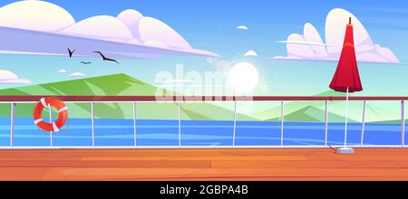 Vista dal ponte delle navi da crociera al mare con le montagne Illustrazione Vettoriale