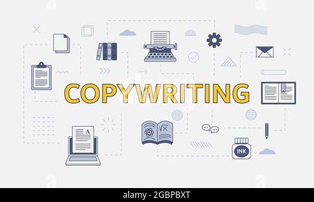 concetto di copywriting con set di icone con parola grande o testo sull'illustrazione vettoriale centrale Foto Stock