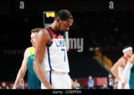 Tokyo, Giappone, 5 agosto 2021. Kevin Durant del Team United States si presenta durante la semifinale maschile di basket tra USA e Australia il giorno 13 dei Giochi Olimpici di Tokyo 2020. Credit: Pete Dovgan/Speed Media/Alamy Live News Foto Stock