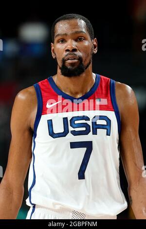 Tokyo, Giappone, 5 agosto 2021. Kevin Durant del Team United States si presenta durante la semifinale maschile di basket tra USA e Australia il giorno 13 dei Giochi Olimpici di Tokyo 2020. Credit: Pete Dovgan/Speed Media/Alamy Live News Foto Stock