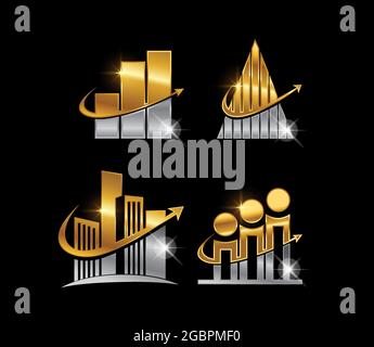 Un vettore Illustrazione Set di Golden e Silver Growth Bar segno in sfondo nero con oro e cromo effetto lucentezza Illustrazione Vettoriale