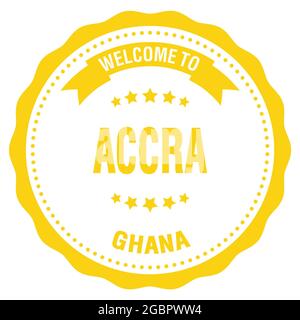 BENVENUTI AD ACCRA - GHANA, parole scritte sul francobollo rotondo giallo Foto Stock
