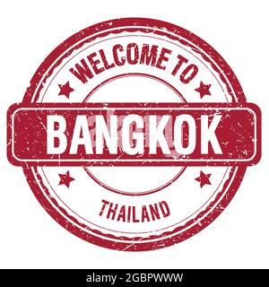 BENVENUTI A BANGKOK - THAILANDIA, parole scritte sul francobollo rosso Foto Stock