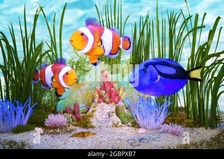 Illustrazione 3D artistica dei pesci tropicali Foto Stock