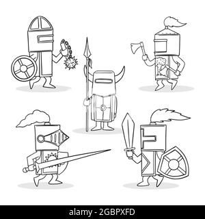Collezione di personaggi cartoni animati cavalieri medievali. Concetto di illustrazione vettoriale. Illustrazione Vettoriale