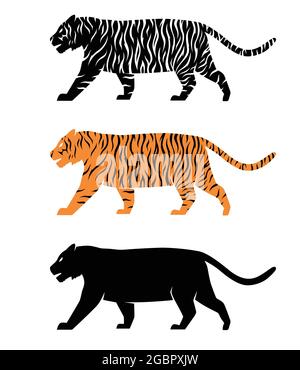 Collezione di silhouette vettoriali Tiger con strisce. Immagine isolata su sfondo bianco Illustrazione Vettoriale