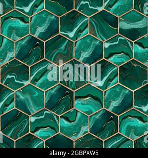 Malachite esagonale senza cuciture in oro. Sfondo astratto Foto Stock