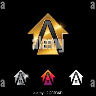 Un set di illustrazioni vettoriali di Golden Home Monogram Letter A. Illustrazione Vettoriale